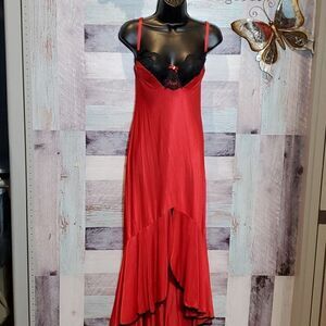 Frederick's of Hollywood Sz S Red Black Lace Nylon Chemise Gown Sexy Sleep 124